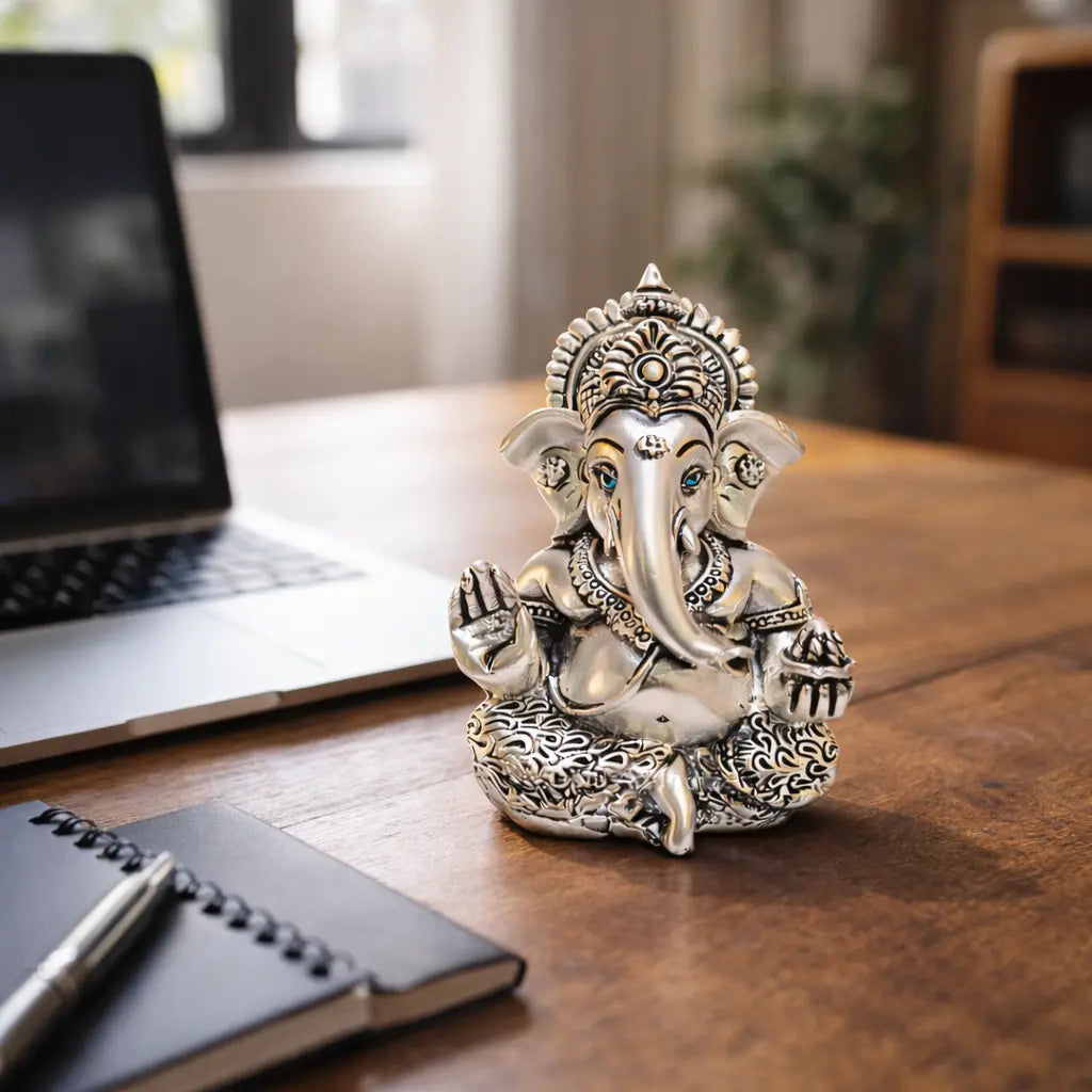 Silver plated antique matte Ganesha idol – rear view showing base finish