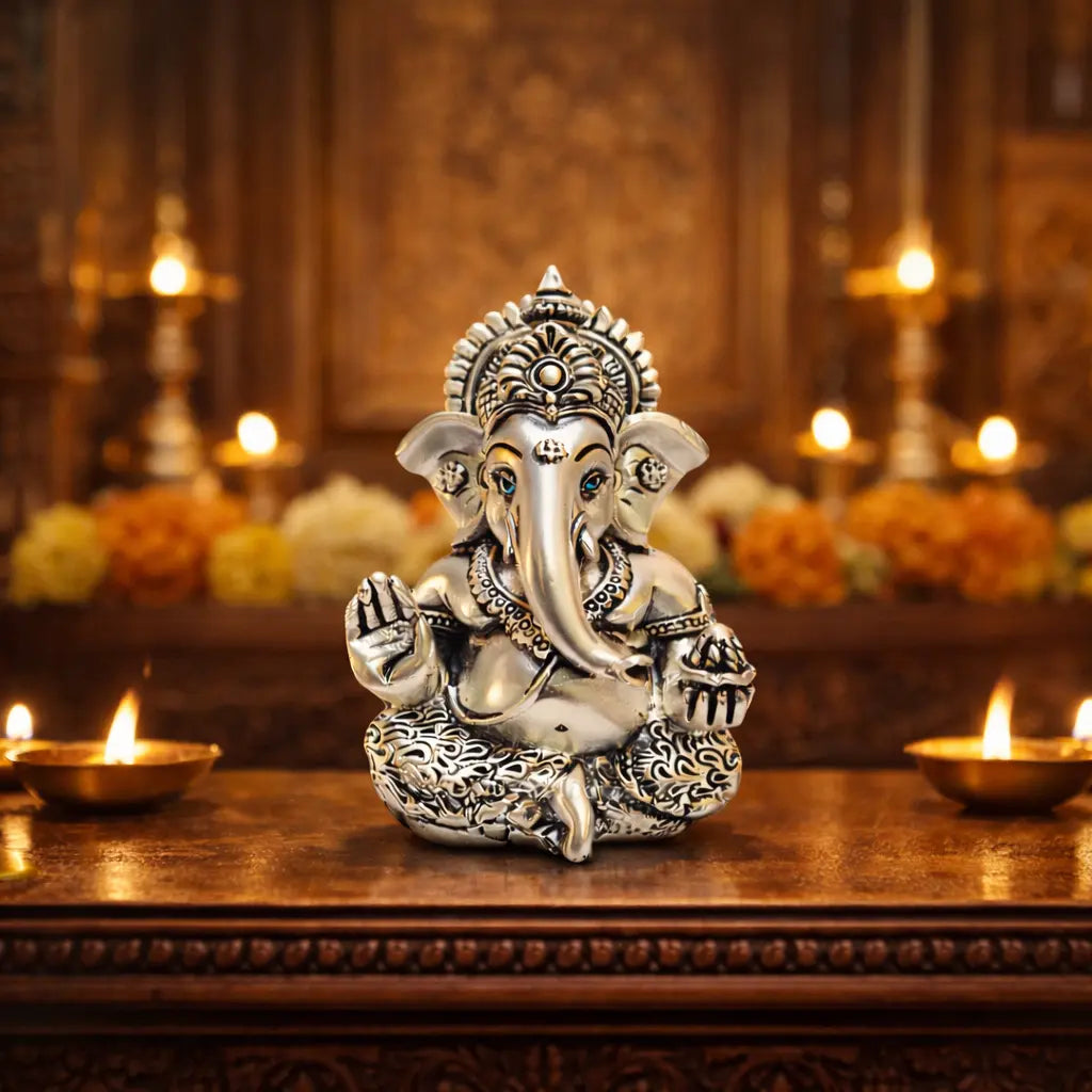Silver plated antique matte Ganesha idol – side profile view