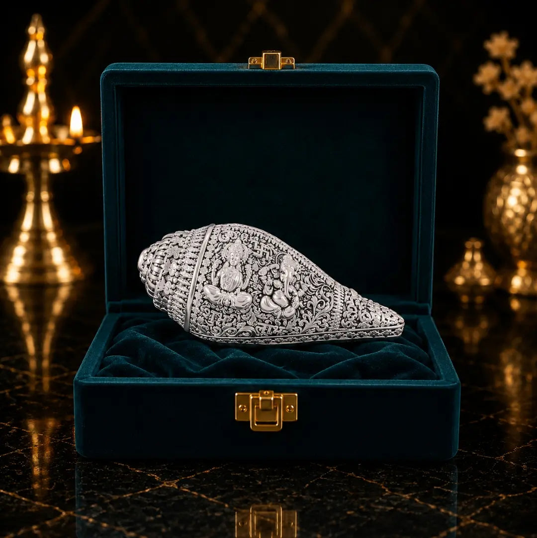 Silver Antique Matte Lakshmi Ganesh Shankh – front view showing aged heritage finish and Lakshmi Ganesha engravings – Gold Art India #color_SILVER ANTIQUE MATTE