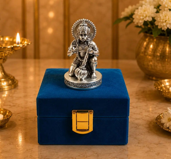 999 Silver Plated Hanuman Idol – 2.8 Inch Antique Matte Finish | Bajrangbali Murti with Premium Velvet Gift Box