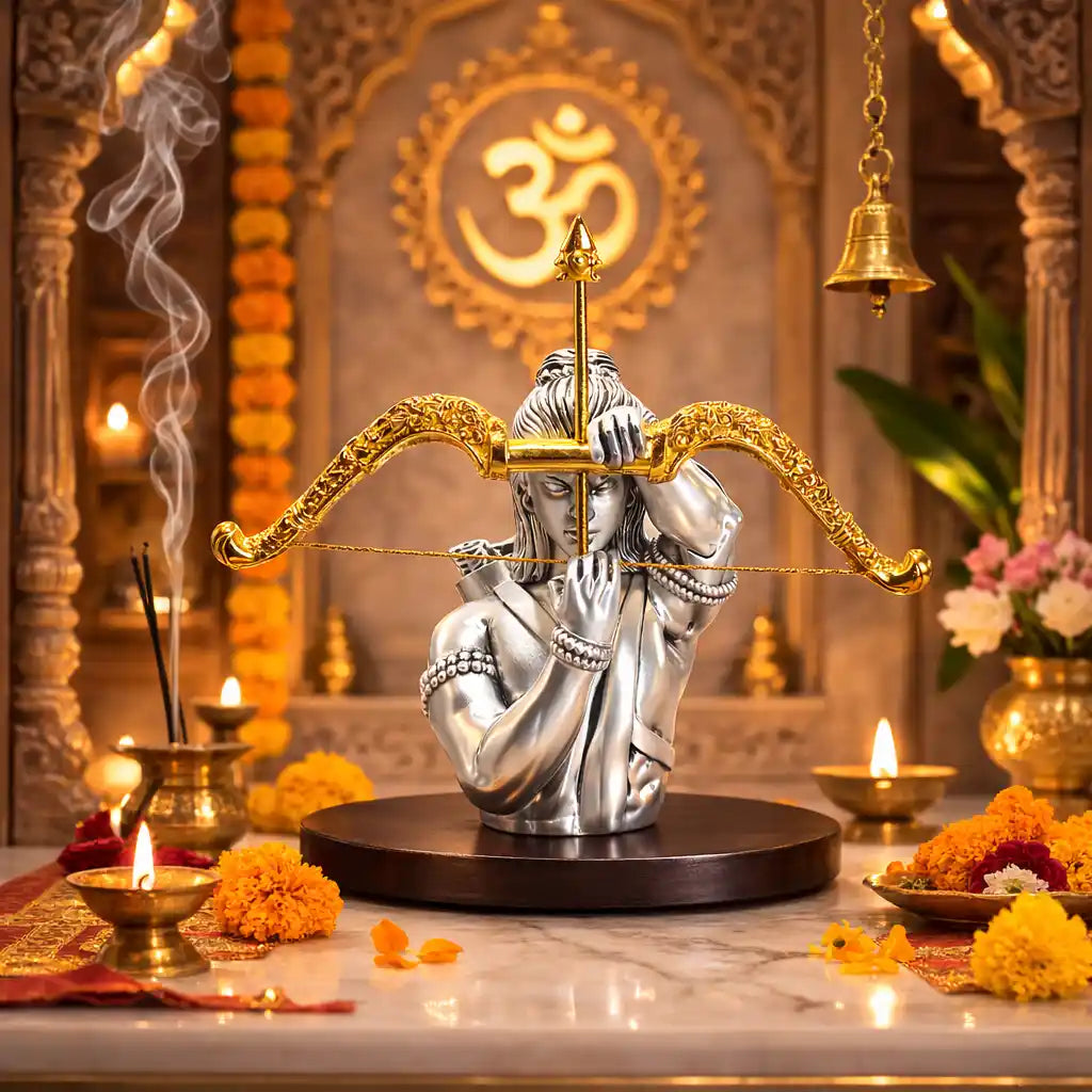 Lord Ram Idol with Bow & Arrow – 999 Silver Plated, Antique Matte Finish (5.7 Inch)