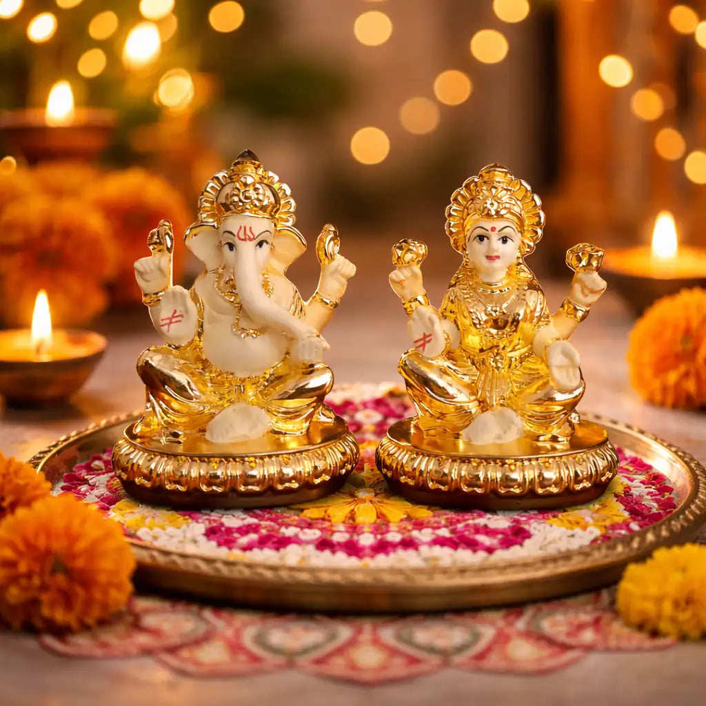 New Chakra Laxmi Ganesha Idol Gold off white 2.7  | Gold Art India