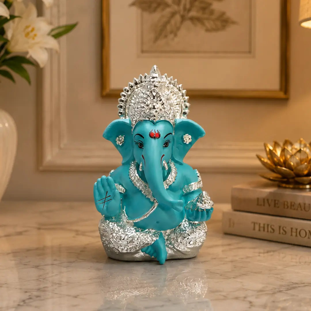 Gold Art India 999 Silver Plated Ganesha Idol | Fountain Blue Terracotta Finish | 3.5 Inch Ganpati Murti for Car Dashboard, Home Decor & Gifting