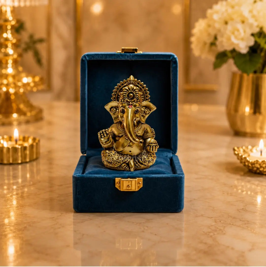 Gold Art India Ganesh Idol – Gold Antique Matte Finish with Peacock Blue Velvet Gift Box | 3 x 2 Inch