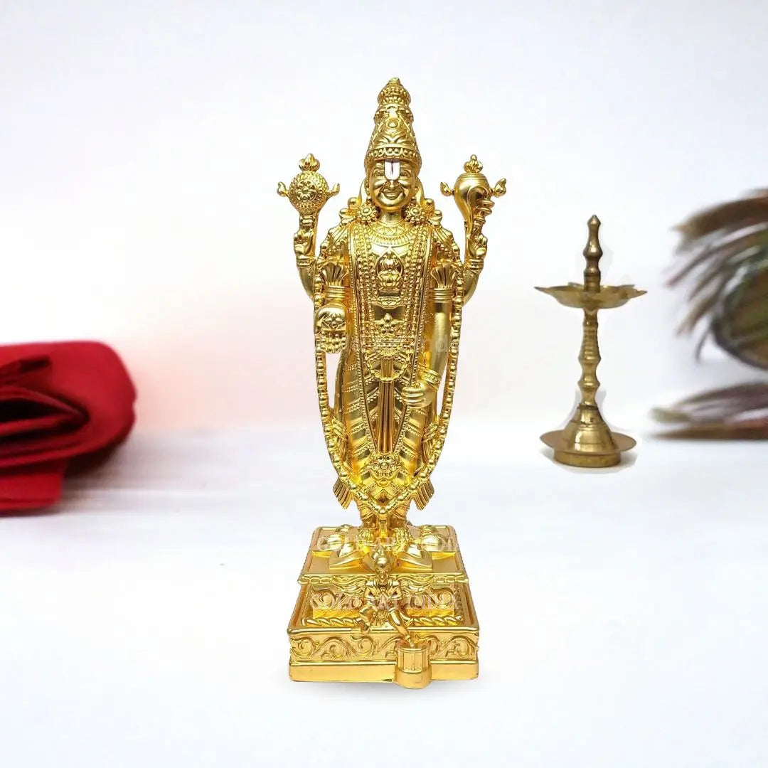 Gold-plated Lord Venkateshwara idol for home temples and worship, intricately crafted for spiritual decor.