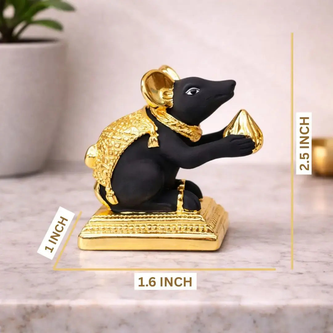 Gold-Plated Mushak (Mooshak) Mouse Idol with Modak | Black Terracotta Finish | Ganesha Vahana