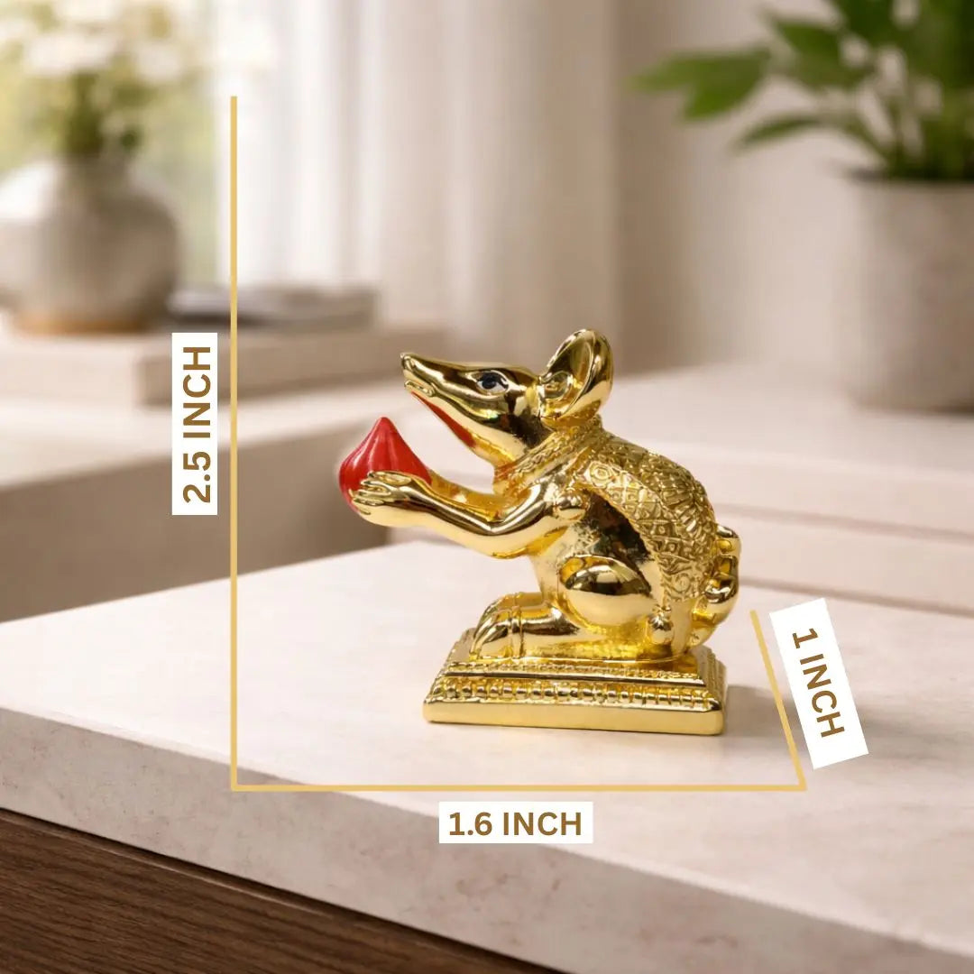 Gold-Plated Mushak (Mooshak) Idol with Modak | Orange Terracotta Finish | Ganesha Vahana