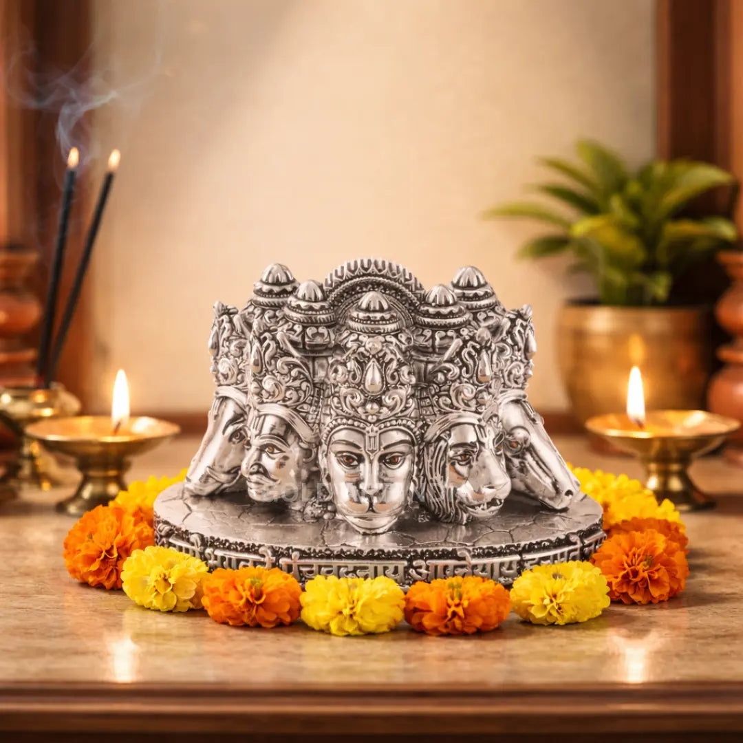 Panchmukhi Hanuman bust idol – silver antique finish, size reference – Gold Art India #color_Silver Antique