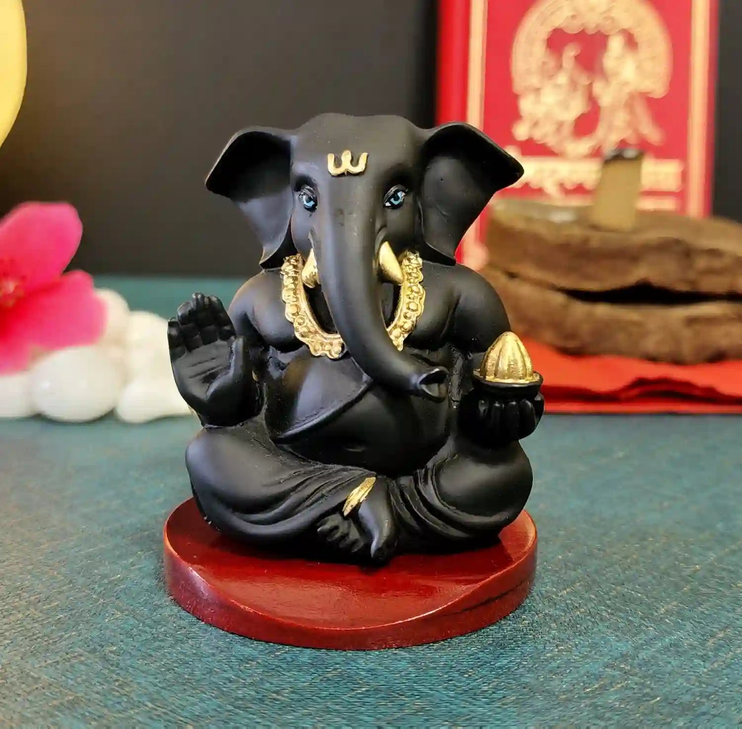 Black Terracotta Finish Ganesha Idol with base | Gold Art India