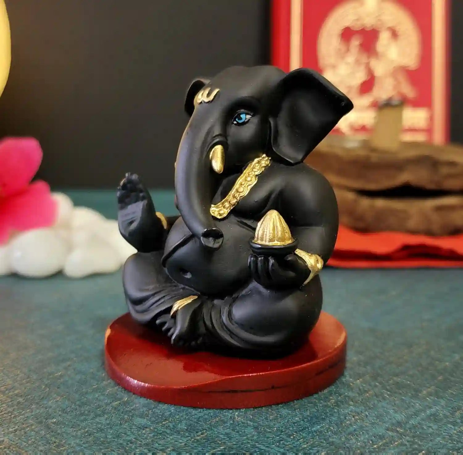 Black Terracotta Finish Ganesha Idol with base | Gold Art India