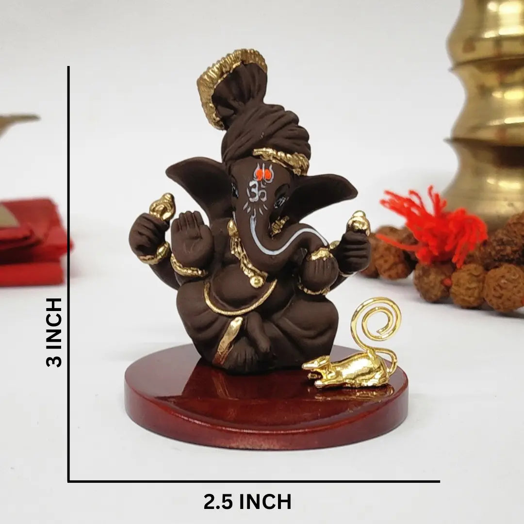 Brown Terracotta Pagadi Ganesh Idol (3") with Gold-Plated Mooshak – Premium Ganesha Murti for Home Temple, Office Desk & Car Dashboard