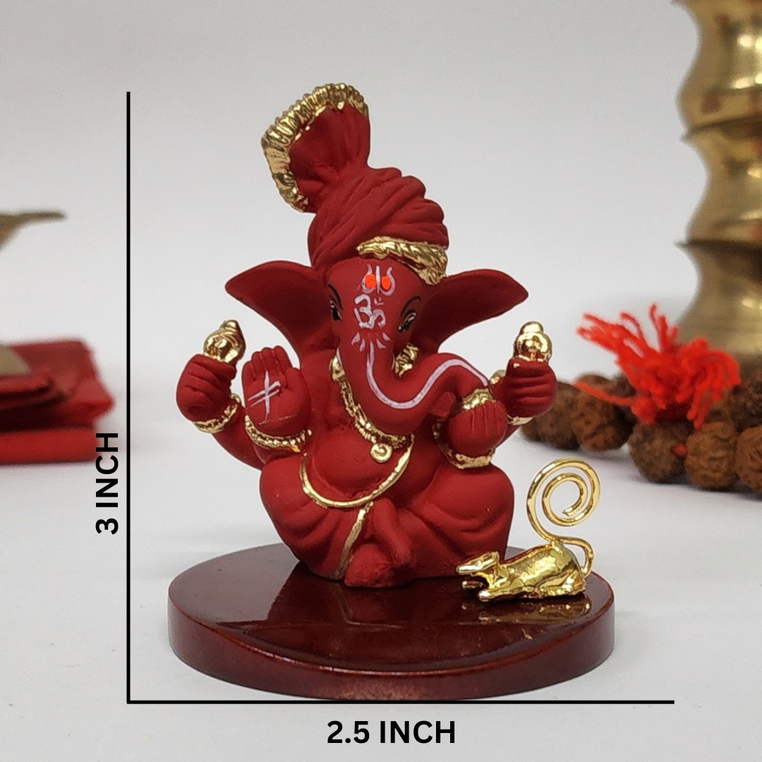 Red Terracotta Pagadi Ganesh Idol (3") with Gold-Plated Mooshak – Premium Ganesha Murti for Home Temple, Office Desk & Car Dashboard