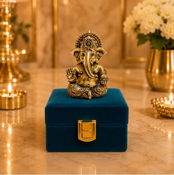 Gold Art India Ganesh Idol – Gold Antique Matte Finish with Peacock Blue Velvet Gift Box | 3 x 2 Inch