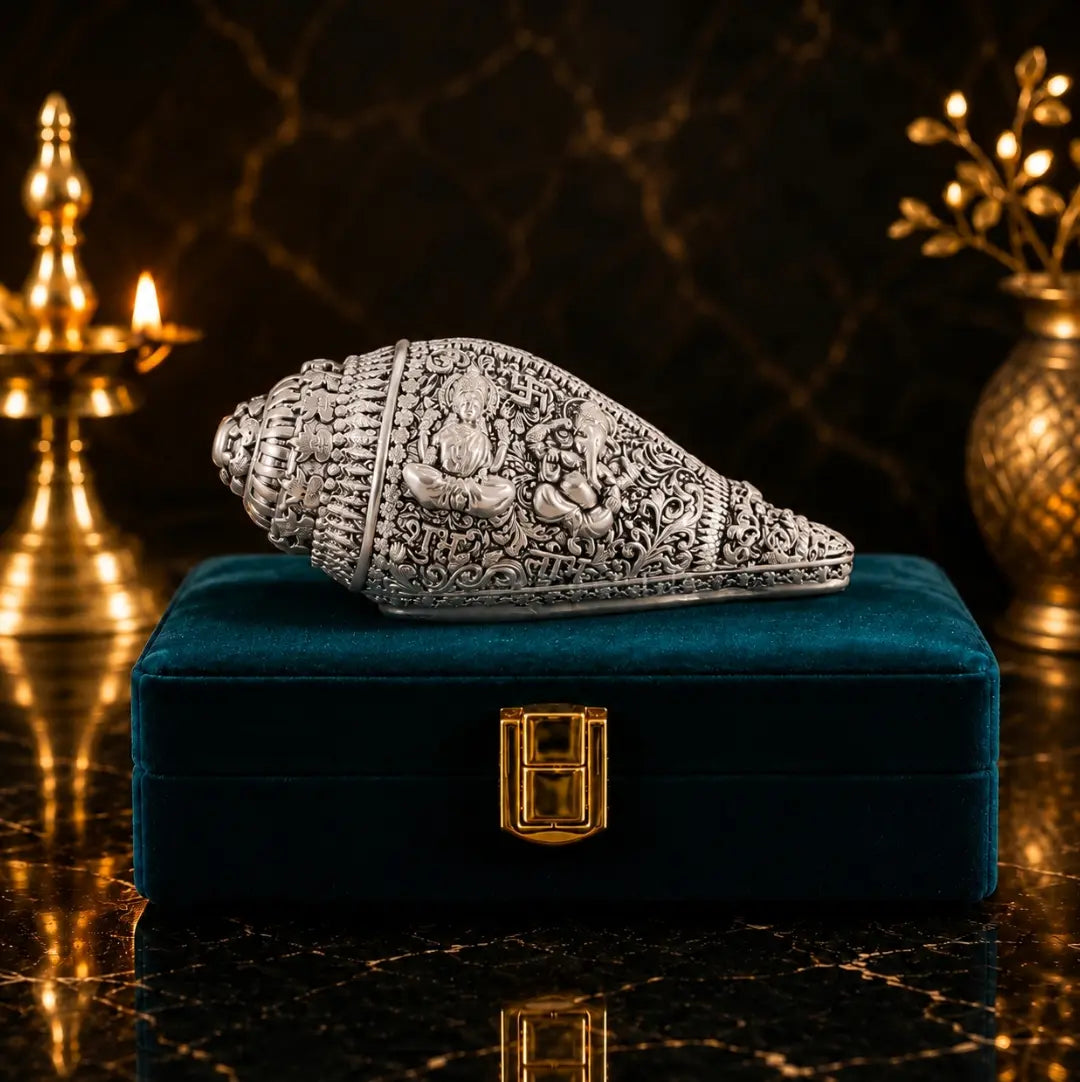 Silver Antique Matte Lakshmi Ganesh Shankh – side view showing sacred yantra and Shubh Labh engravings – Gold Art India #color_SILVER ANTIQUE MATTE