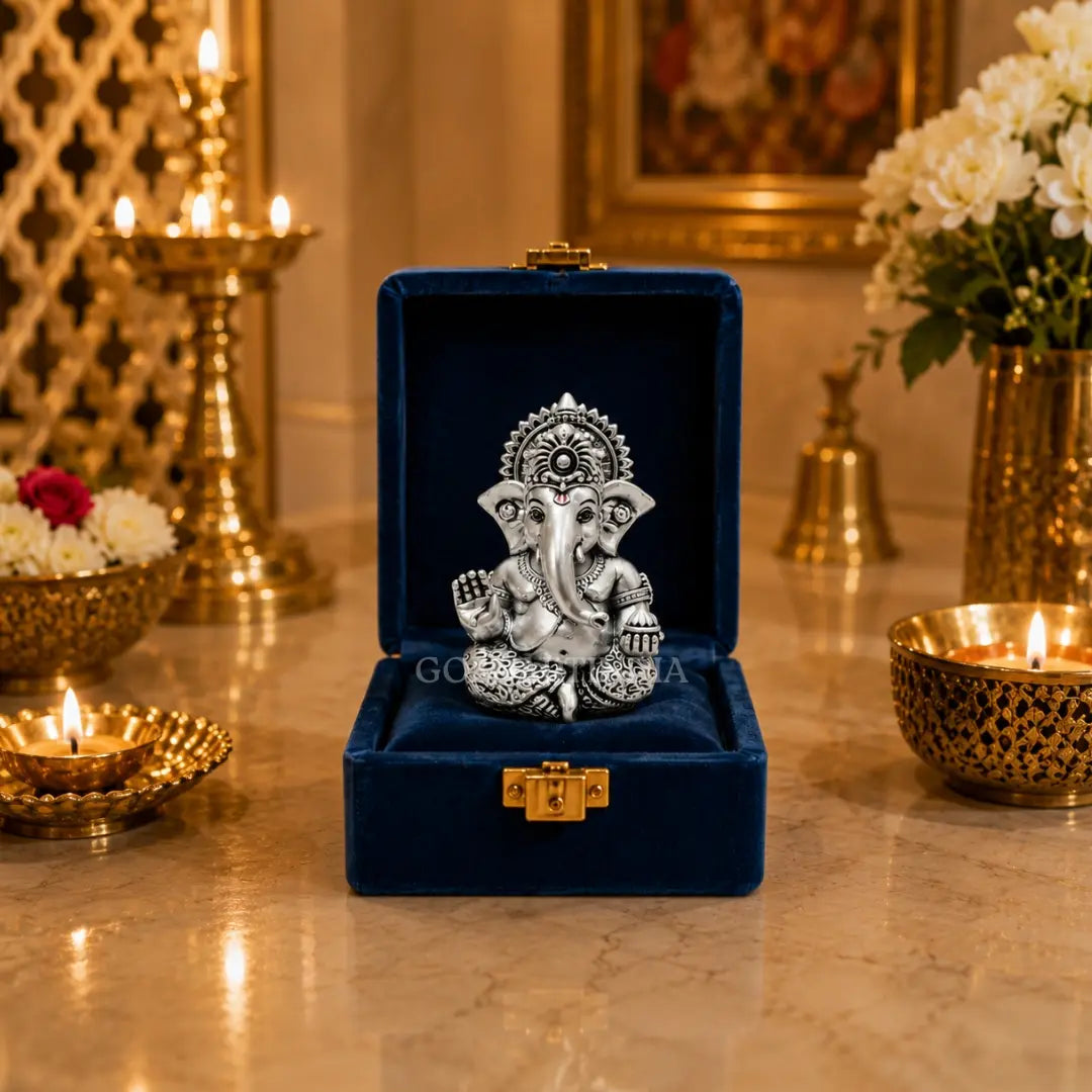 Gold Art India Ganesh Idol 999 Silver Plated Antique Matte Finish | 3 x 2 Inch Polyresin Ganesha Murti with Peacock Blue Velvet Gift Box | Home Temple, Office Desk & Spiritual Gift