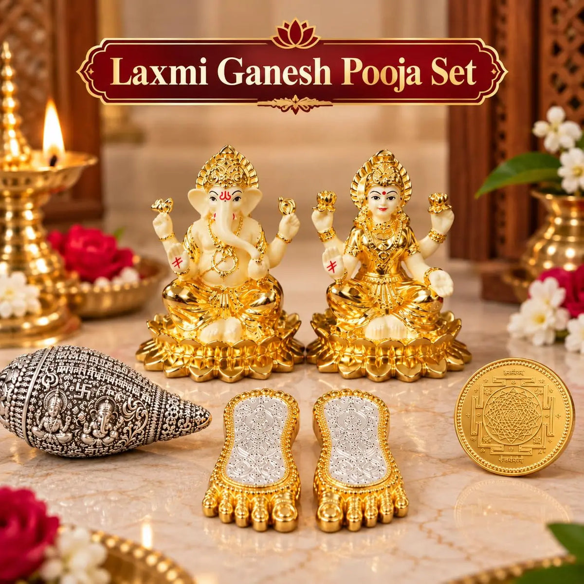 Gold Art India Lakshmi Ganesh Puja Set with Silver Plated Shankh, Lakshmi Charan Paduka & Gold Plated Idols