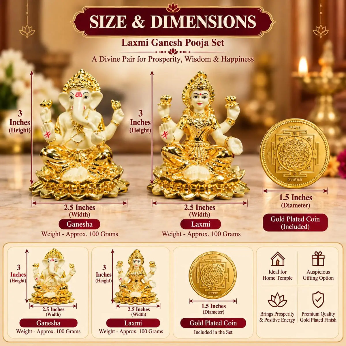 Gold Art India Lakshmi Ganesh Puja Set with Silver Plated Shankh, Lakshmi Charan Paduka & Gold Plated Idols