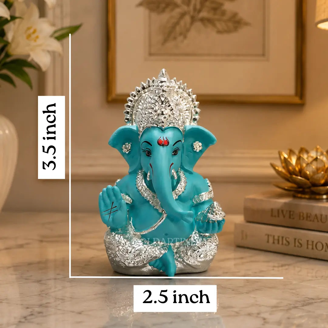 Gold Art India 999 Silver Plated Ganesha Idol | Fountain Blue Terracotta Finish | 3.5 Inch Ganpati Murti for Car Dashboard, Home Decor & Gifting