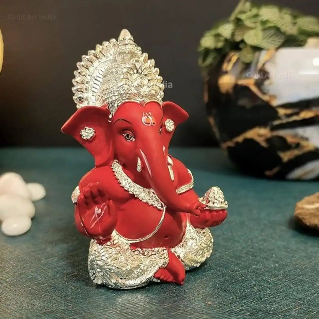 Red Ganesha Idol Silver Plated– For Car Dashboard & Home Decor| Gold Art India