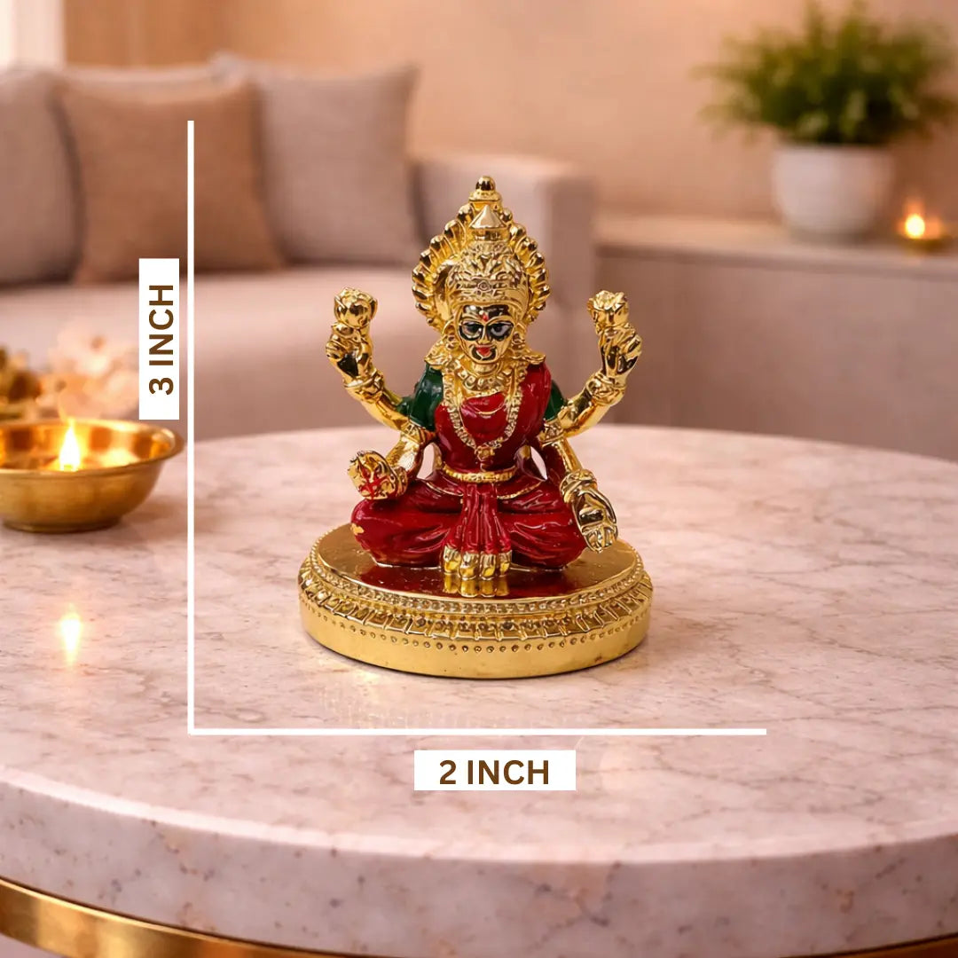 Round Laxmi Gold Plated Idol for Mandir | Red Enamel Color Work With Gold Plated Coin 3 inch | Gold Art India