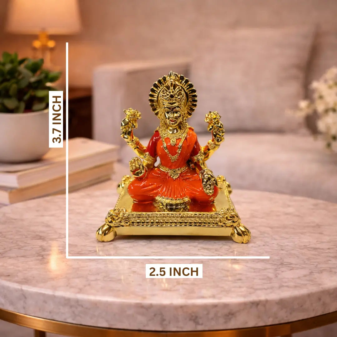 Pata Laxmi Gold Plated Idol for Mandir | Orange Enamel Color Work With Gold Plated Coin | Gold Art India