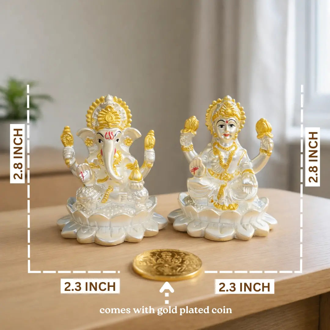 Silver-Plated Laxmi Ganesh Idol with Golden Detailing & Coin – 2.8 Inch