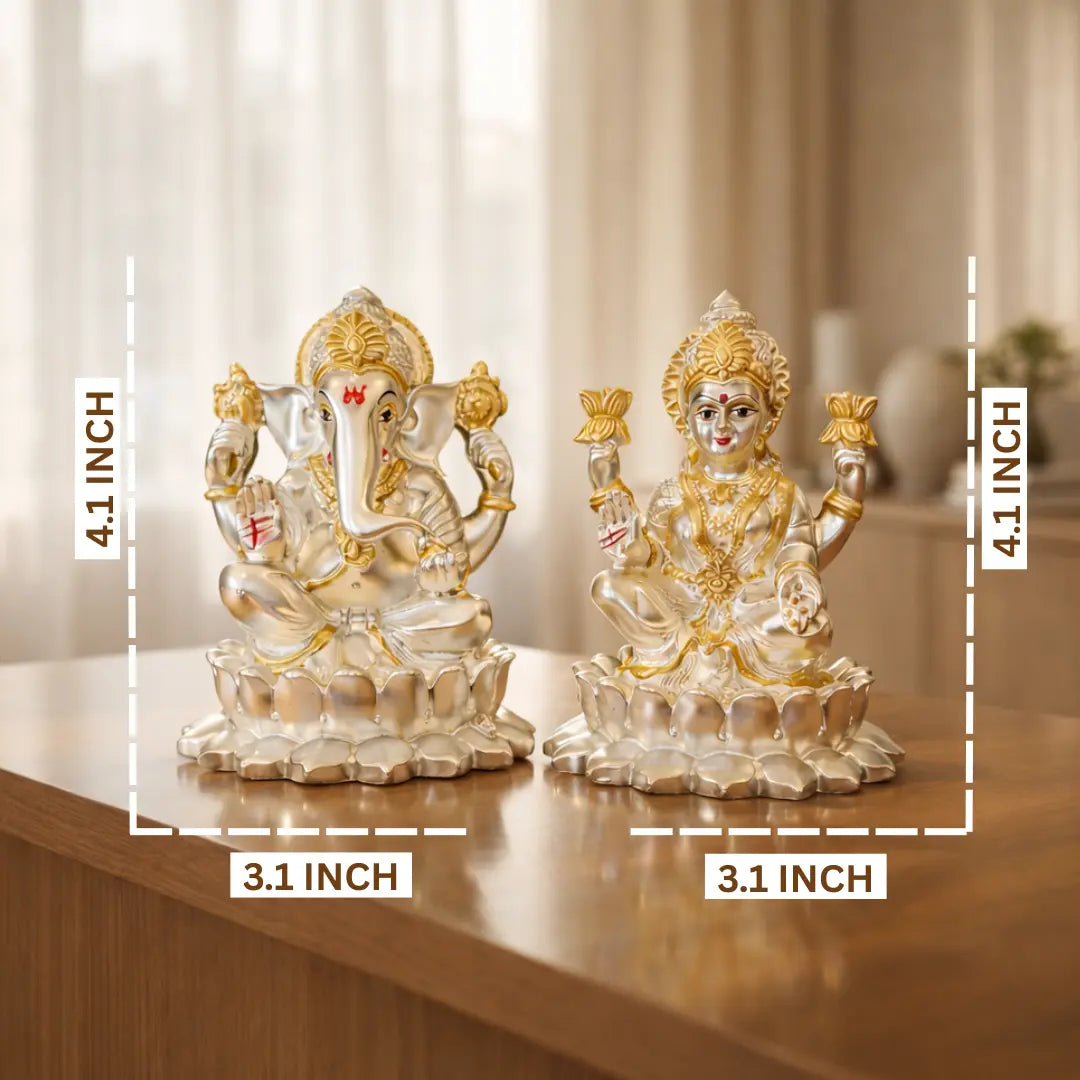Kamal Laxmi Ganesh Silver Matte Idol for Home Decor with Gold Plated Coin 4.1