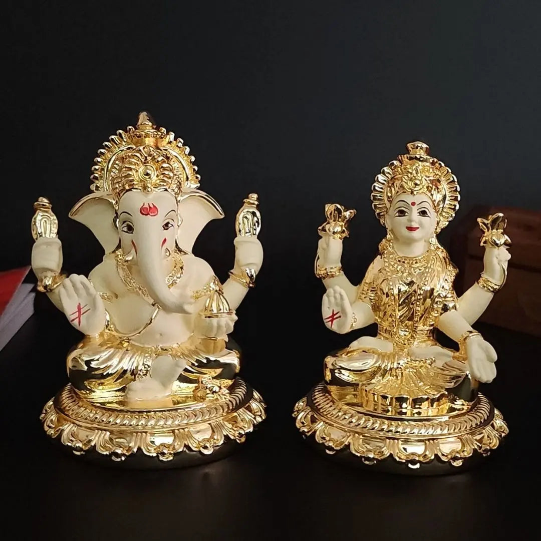 Laxmi Ganesh Gold Plated Off White Terracotta Idol 3.7 inch