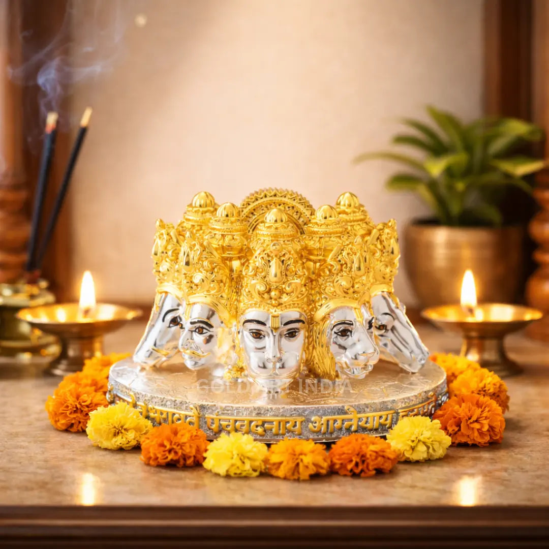 Panchmukhi Hanuman bust idol – silver gold finish, angled view – Gold Art India #color_Silver Gold