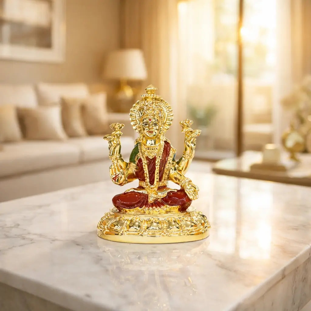 Gold Plated Laxmi Mata Idol for Mandir | Red Enamel Color Work With Gold Plated Coin 3.7 inch | Gold Art India