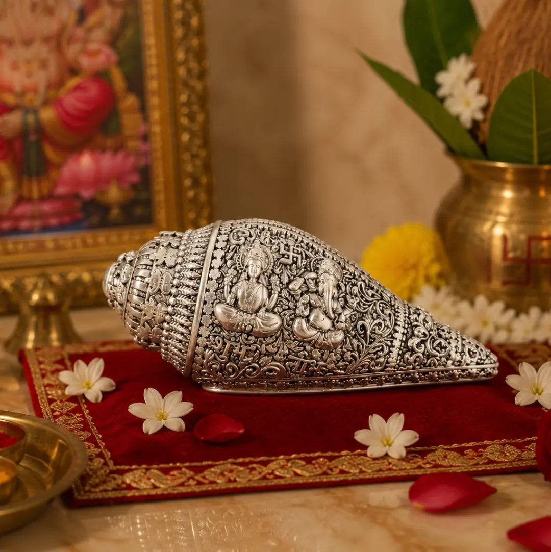 Silver Antique Matte Lakshmi Ganesh Shankh – angled view showing intricate antique matte finish – Gold Art India #color_SILVER ANTIQUE MATTE