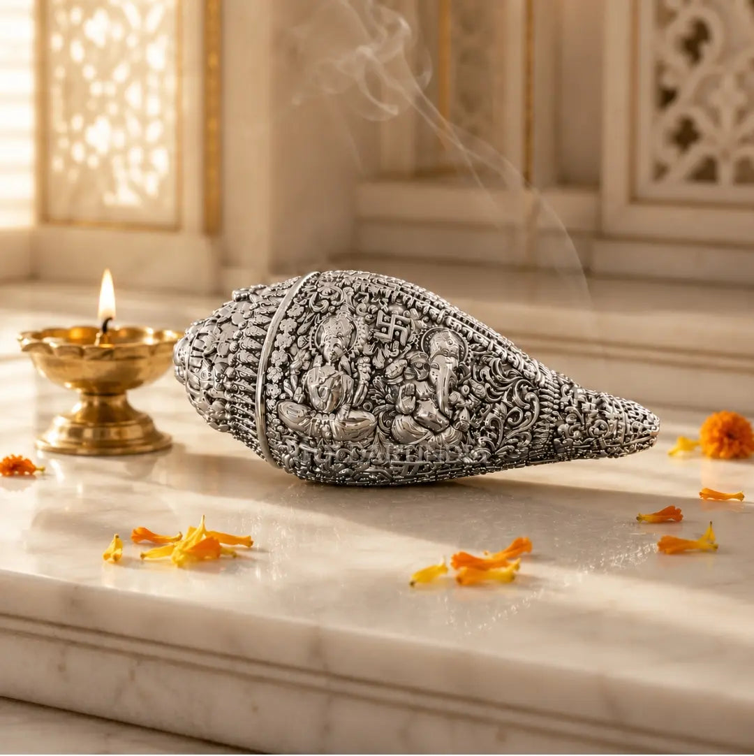 Silver Plated Lakshmi Ganesh Shankh with Sacred Yantra & Shubh Labh Engraving | Premium Velvet Gift Box