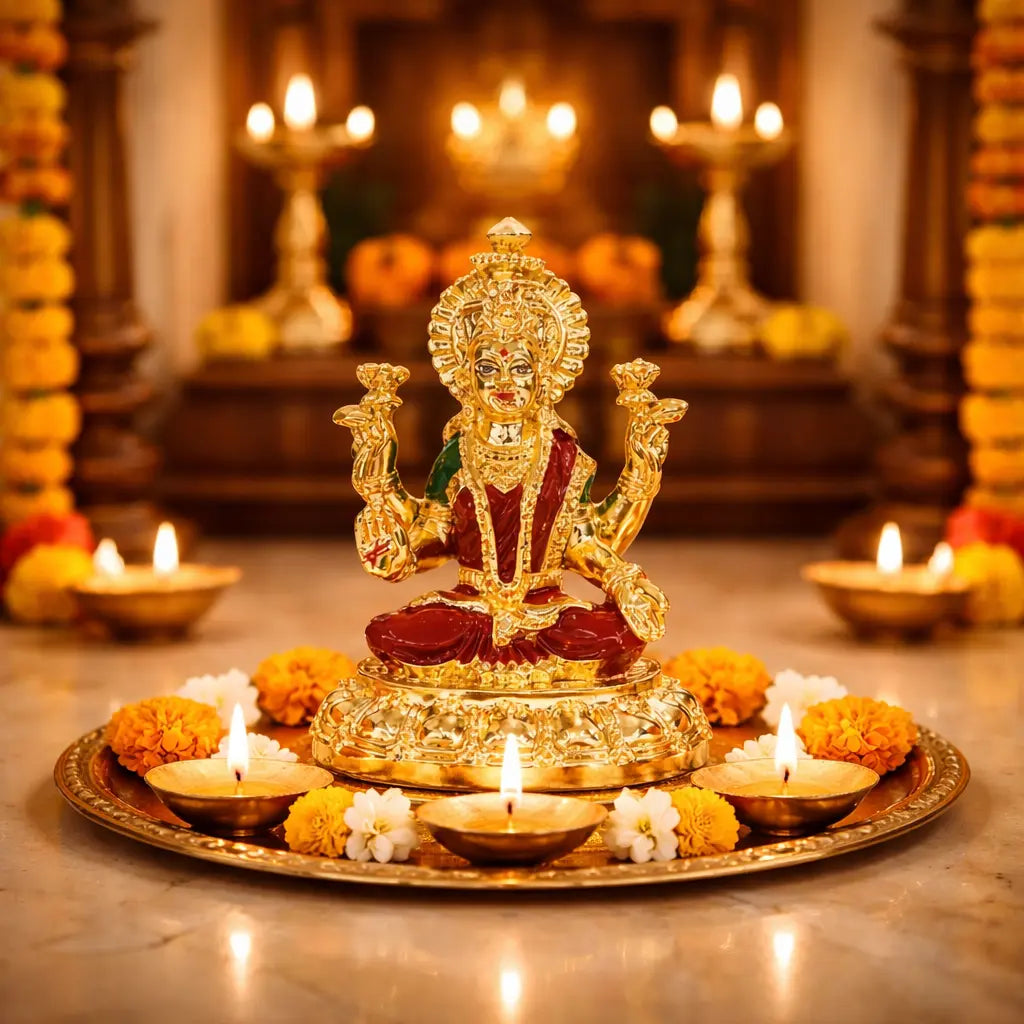 Gold Plated Laxmi Mata Idol for Mandir | Red Enamel Color Work With Gold Plated Coin 3.7 inch | Gold Art India