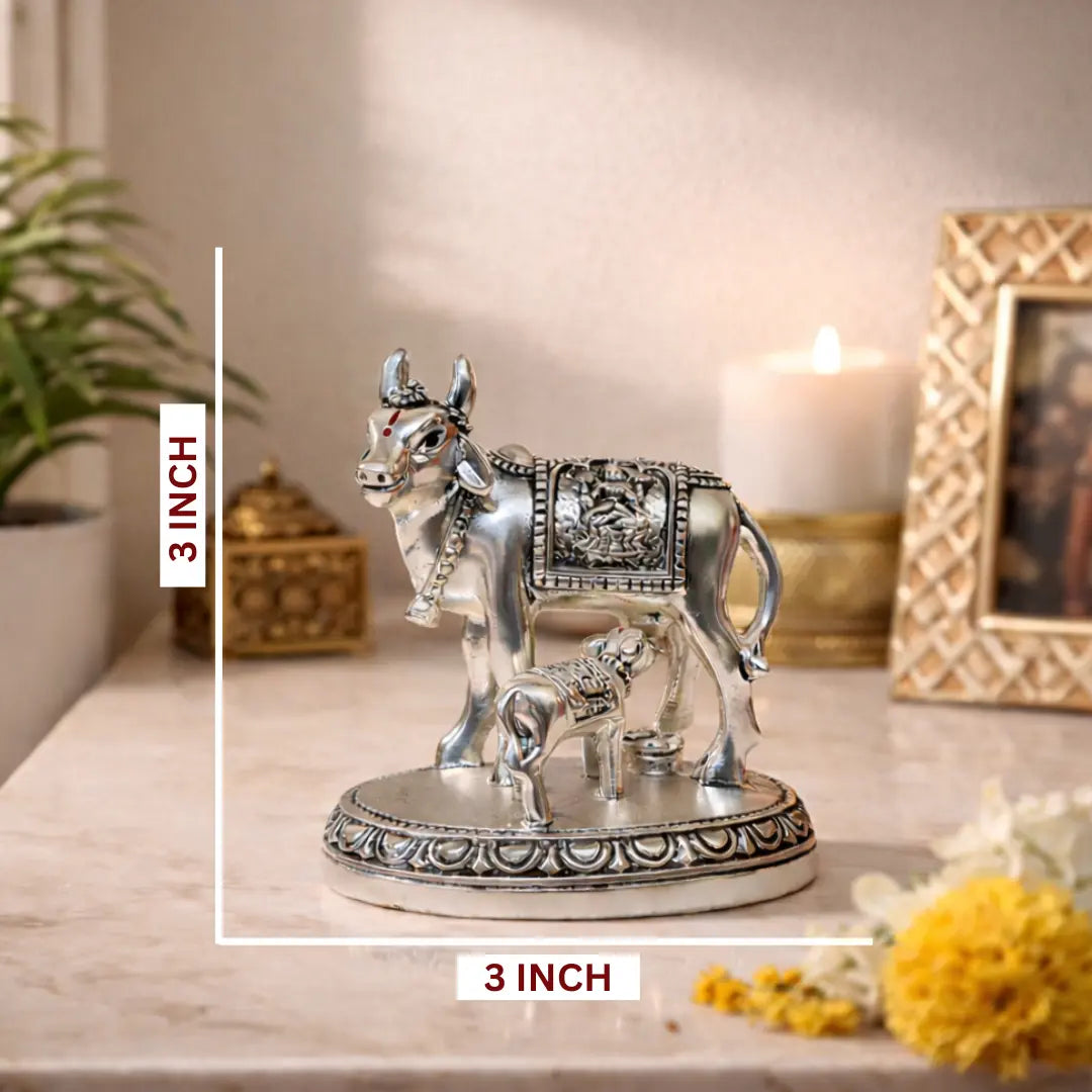 Kamdhenu Cow and Calf Idol – Silver Matte Finish (3 x 3 Inch)