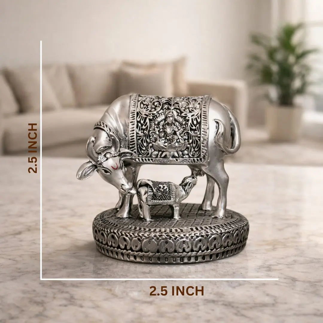 Kamdhenu Cow & Calf Idol – Antique Silver Plated Finish (2.5 × 2.5 Inch)