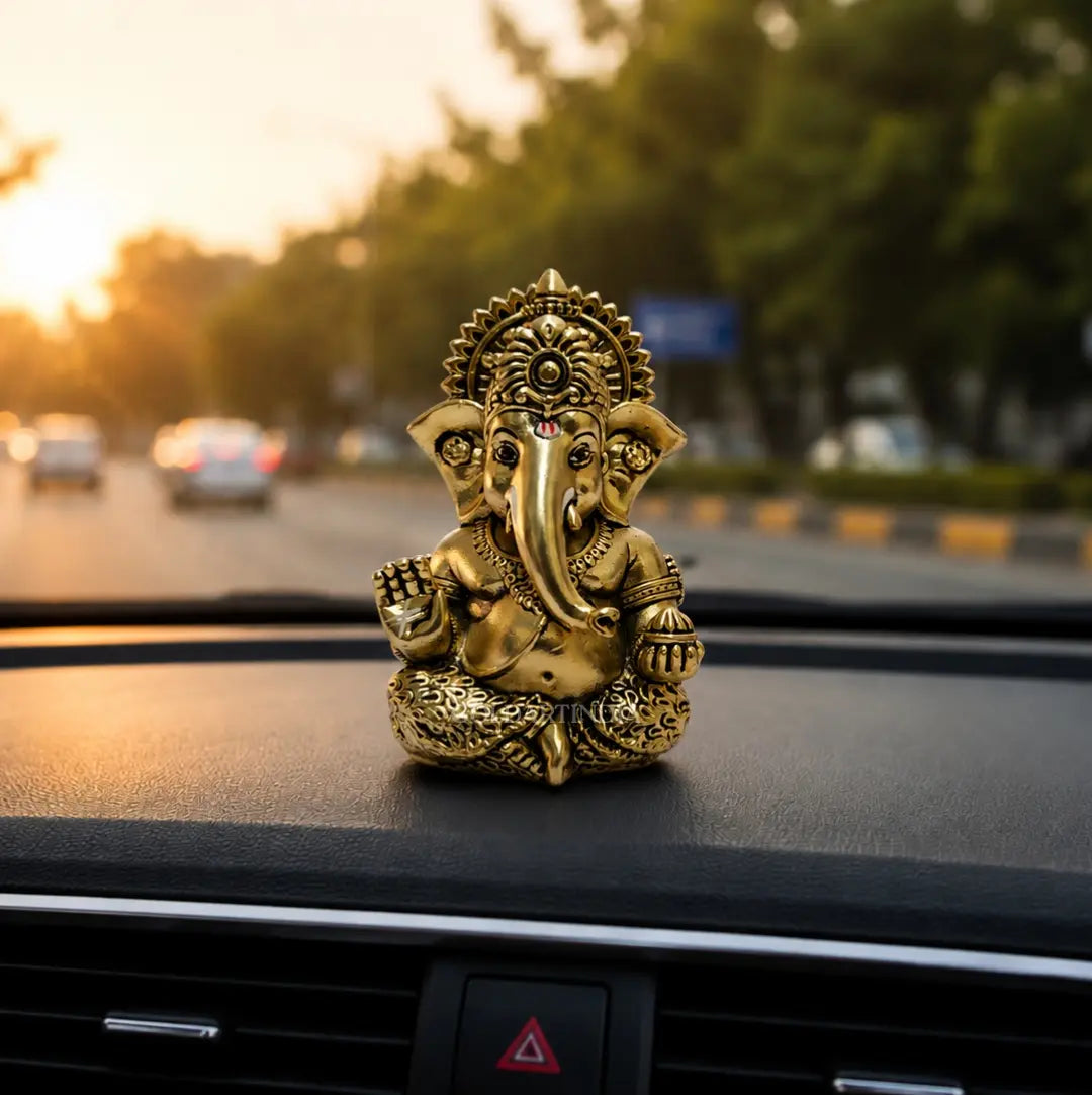 Gold Art India Ganesh Idol – Gold Antique Matte Finish with Peacock Blue Velvet Gift Box | 3 x 2 Inch