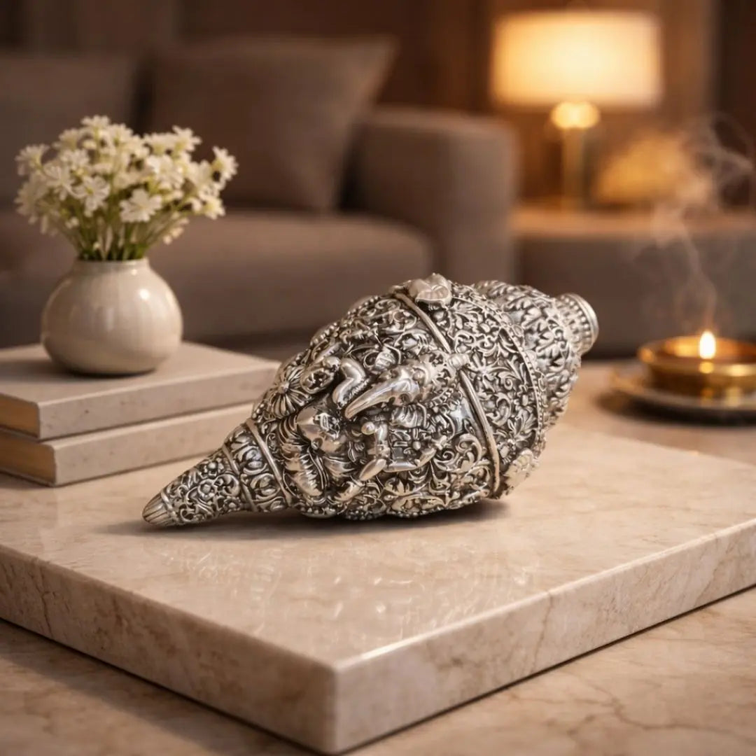 Shank Ganesha – 999 Silver-Plated Antique Matte Conch Idol for Home Decor & Gifting