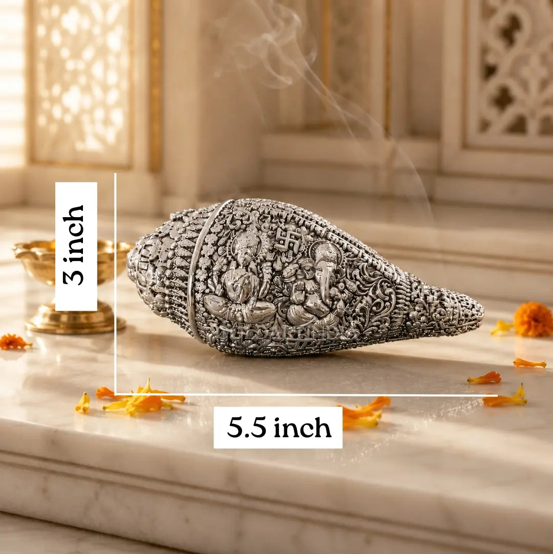Silver Plated Lakshmi Ganesh Shankh with Sacred Yantra & Shubh Labh Engraving | Premium Velvet Gift Box