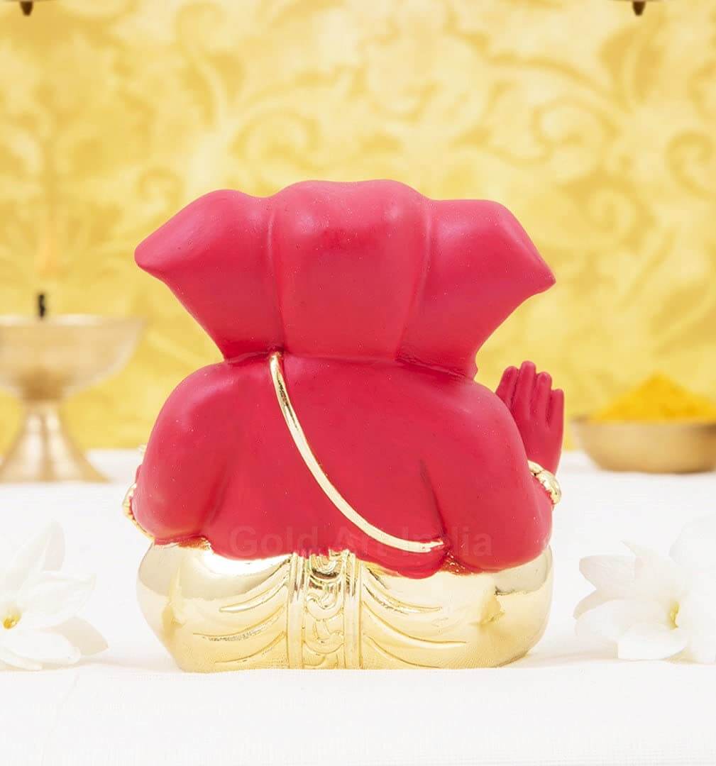 LORD GANESHA : Gold Plated Red Terracotta Finish Ganesha Idol | Office Decor| Car & Home Decor | Perfect Gift