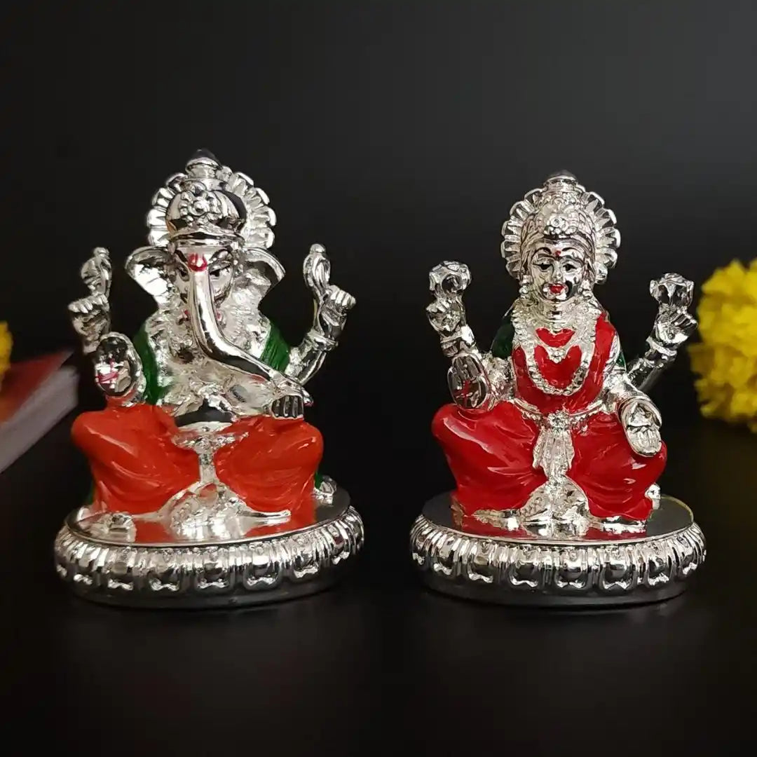 New Chakra Laxmi Ganesha Idol Silver Plated with Enamel 2.7  | Gold Art India