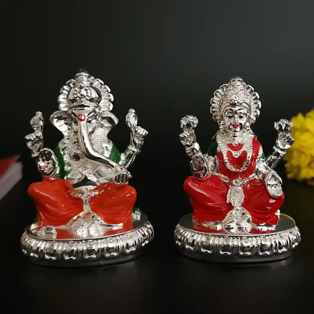 New Chakra Laxmi Ganesha Idol Silver Plated with Enamel 2.7  | Gold Art India