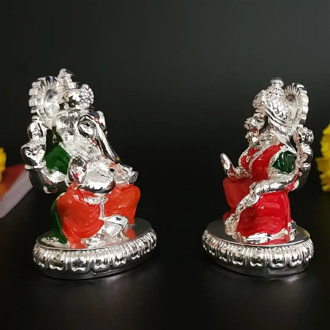 New Chakra Laxmi Ganesha Idol Silver Plated with Enamel 2.7  | Gold Art India
