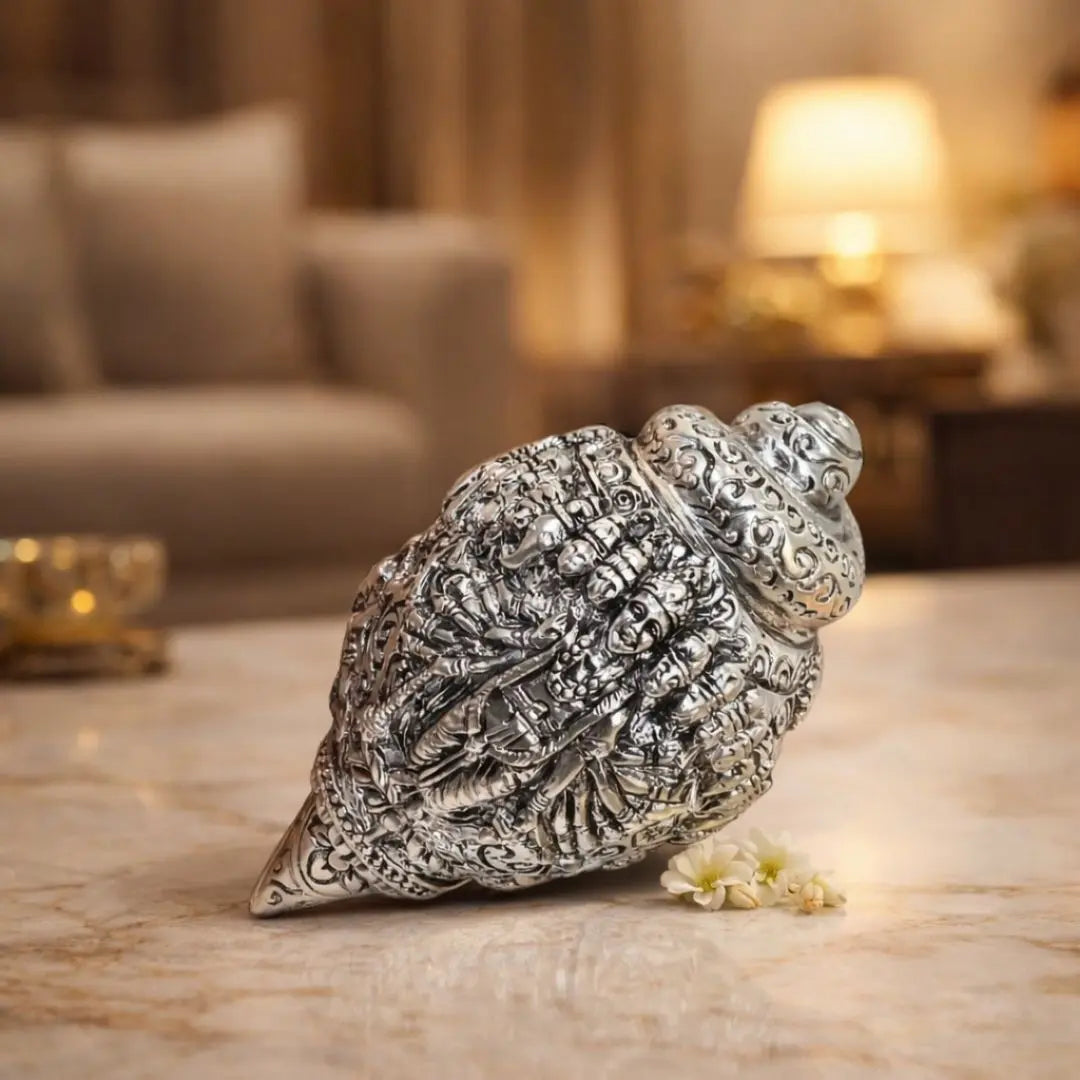 Shank Vishnuji – 999 Silver-Plated Antique Matte Divine Conch | Vishnu Shank for Home & Gifting