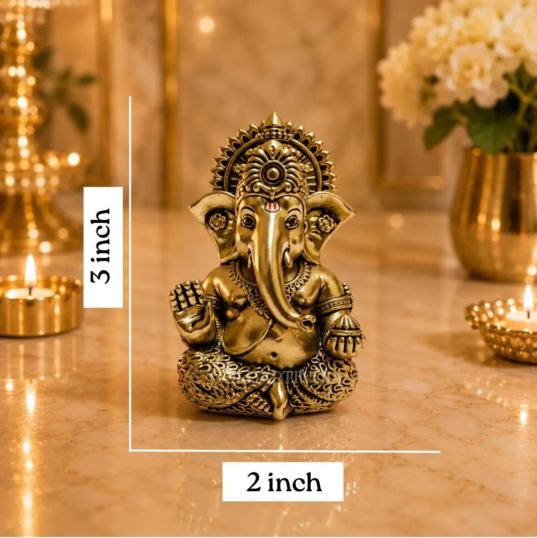 Gold Art India Ganesh Idol – Gold Antique Matte Finish with Peacock Blue Velvet Gift Box | 3 x 2 Inch