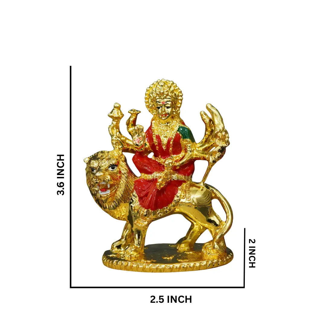 Gold Plated Ambe MATA Idol – 3.6 Inch Goddess Durga Murti with Red & Green Attire on Lion | Gold Art India