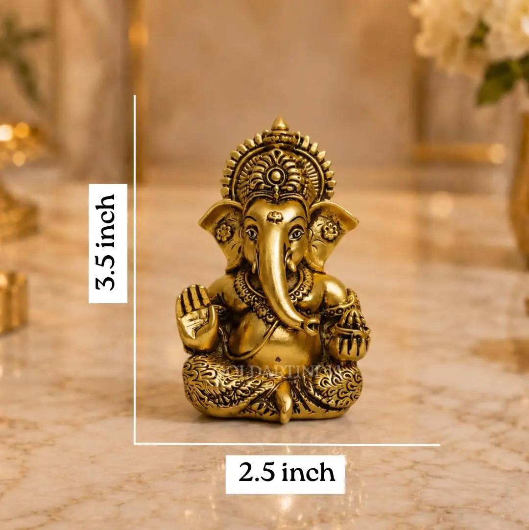 Gold Art India Ganesha Idol – Gold Plated Antique Finish Ganpati Murti with Premium Velvet Gift Box | Decorative Statue for Home Temple, Office Desk, Car Dashboard & Spiritual Gifting (3.5 Inch)