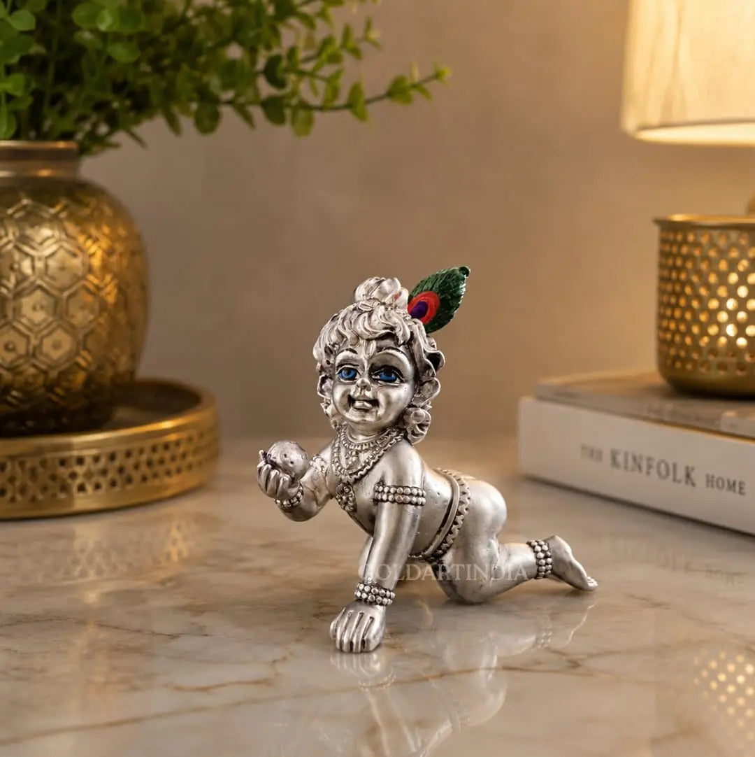 Gold Art India Laddu Gopal Idol | Silver Plated Matte Finish | Premium Velvet Gift Box (3.5 Inch)