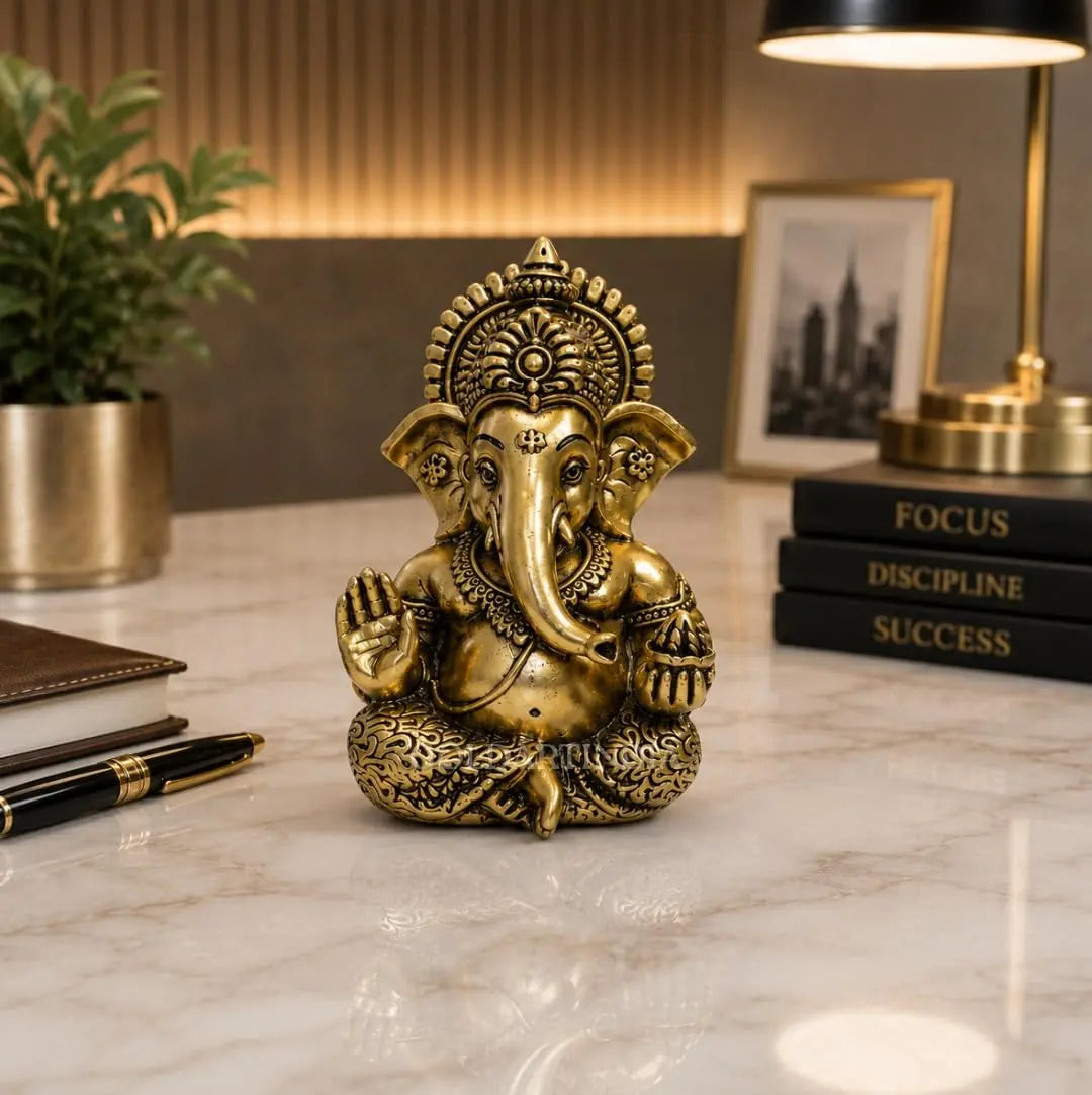 Gold Art India Ganesha Idol – Gold Plated Antique Finish Ganpati Murti with Premium Velvet Gift Box | Decorative Statue for Home Temple, Office Desk, Car Dashboard & Spiritual Gifting (3.5 Inch)