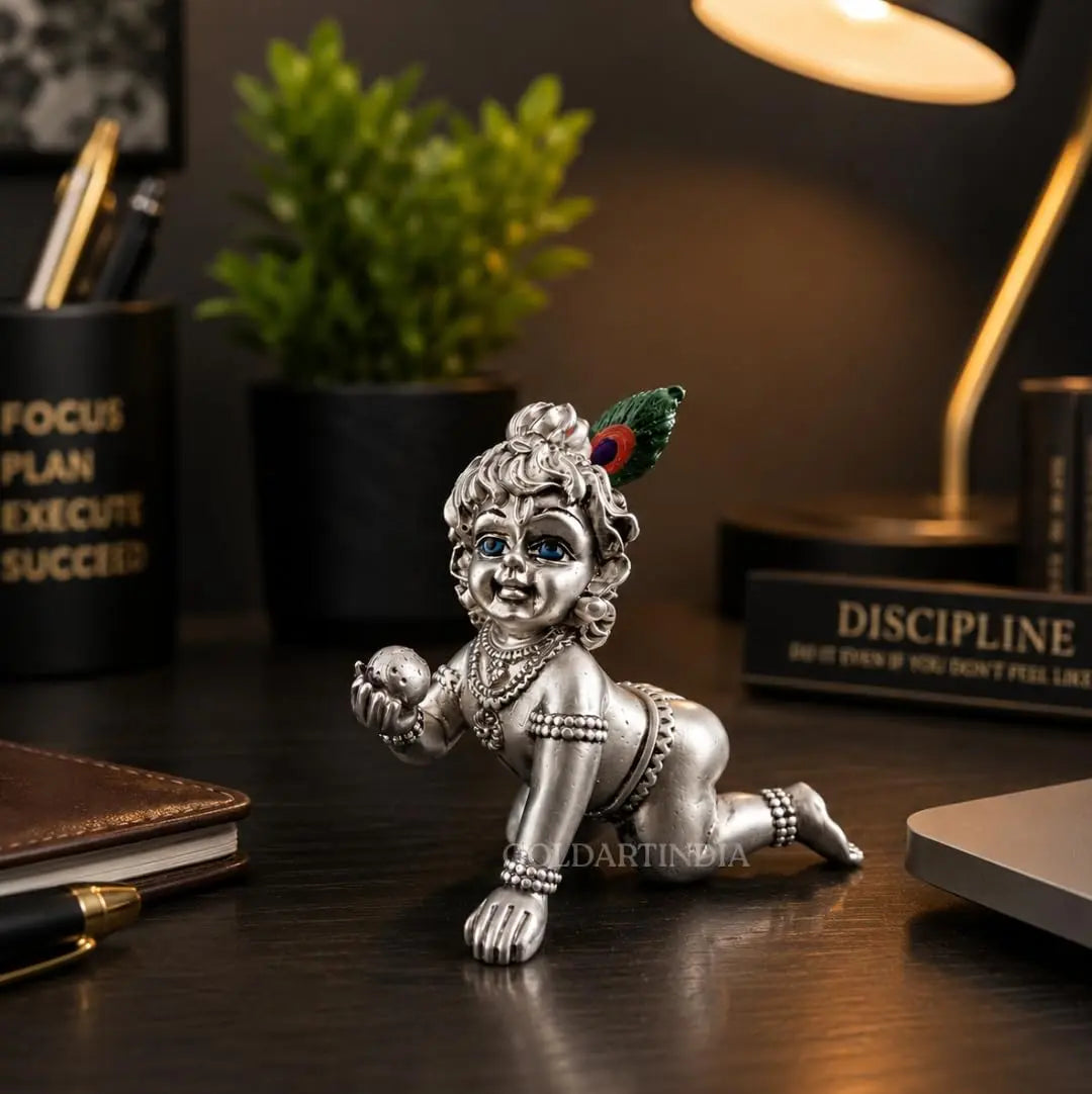 Gold Art India Laddu Gopal Idol | Silver Plated Matte Finish | Premium Velvet Gift Box (3.5 Inch)