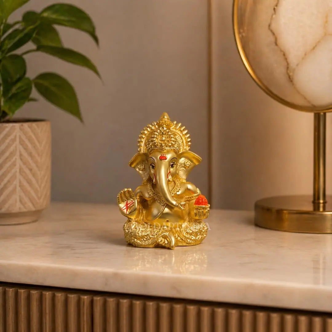 Gold Art India Lord Ganesha Idol – Gold Plated Matte Finish with Premium Velvet Gift Box (3.5 Inch)